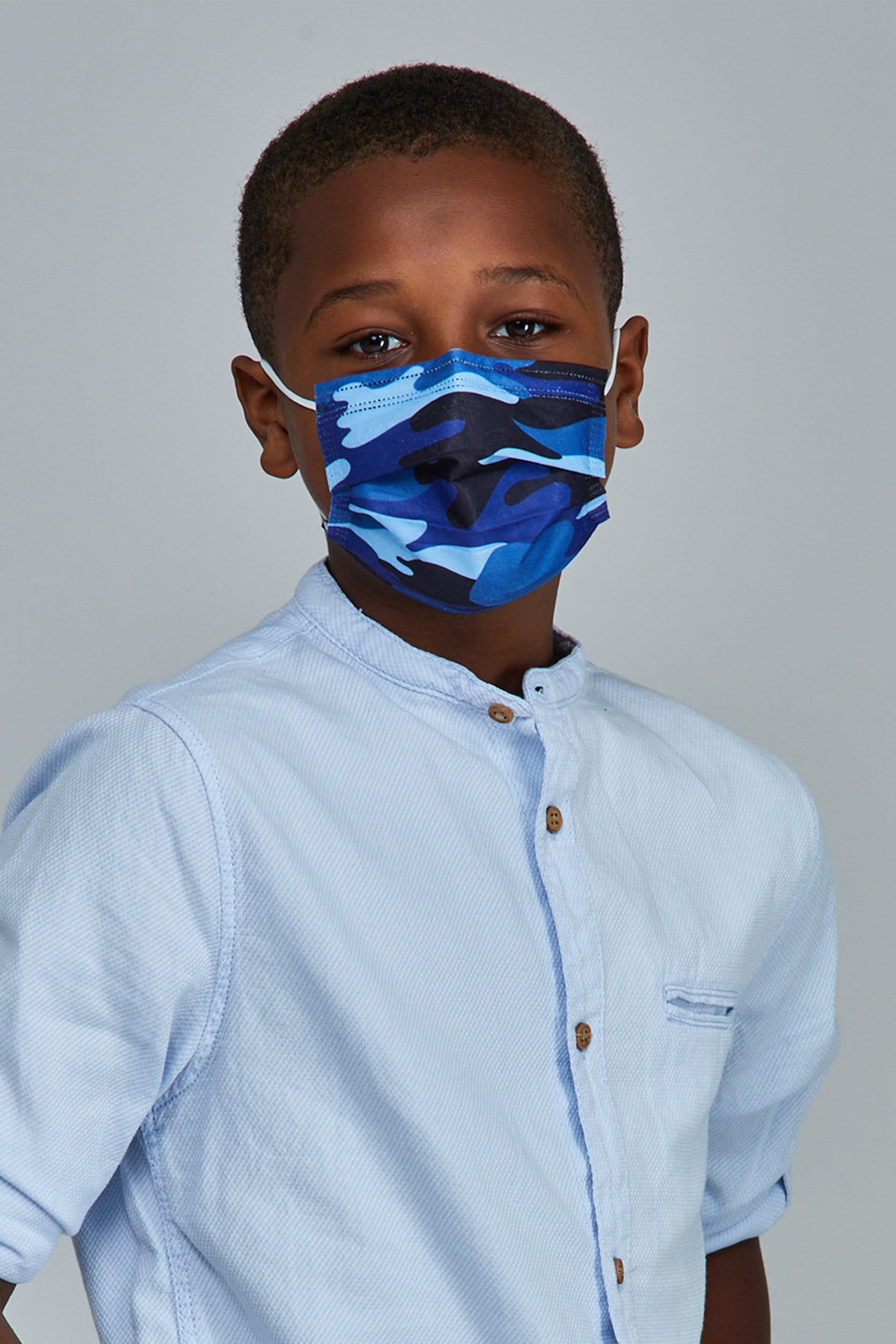 Front View of the MASKC™ Kids Blue Camo Face Mask